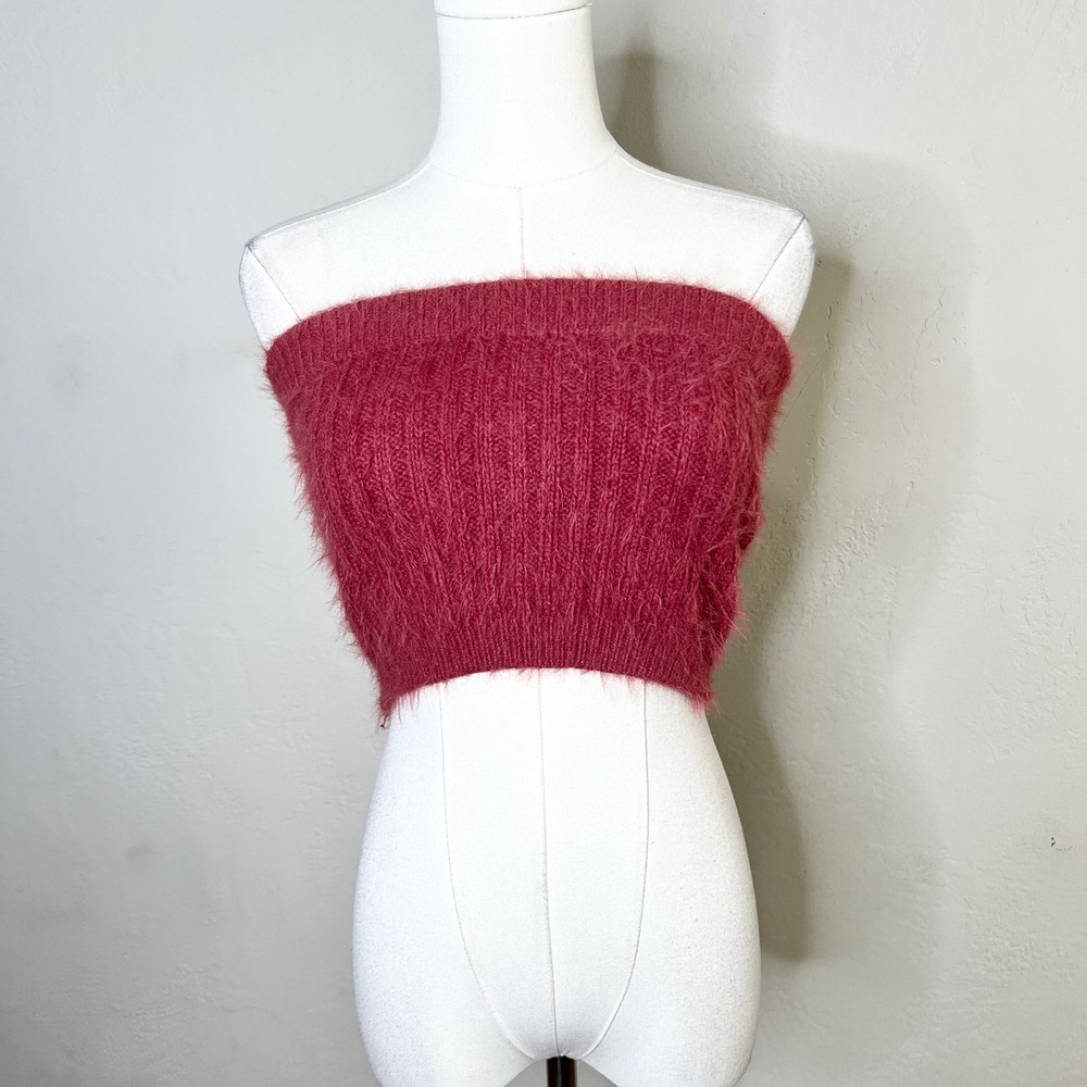 Lulus Tube Top Fuzzy Ribbed Knit Size S Pink Strapless Cropped Eyelash Bandeau